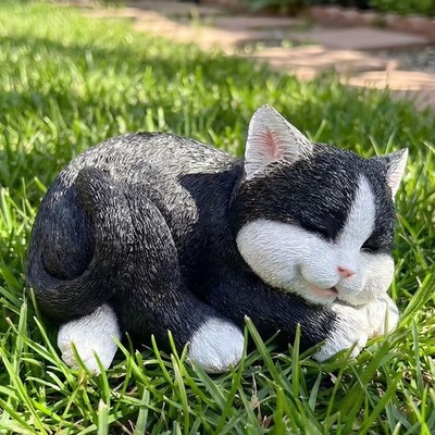 Realistic Black Tabby Cat Statue  Pet Loss Memorial Garden Decor,