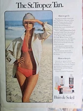 1975 Bain De Soleil Suntan Tanning Lotion St. Tropez Tan vintage pink bikini ad 