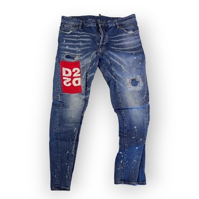 Dsquared2 Distressed Jeans Paint Splatter Y2K Slim Blue Size 54