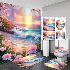 Waves Pink Flower Shower Curtain Non-Slip Bathroom Rug Bath Mat Toilet Lid Cover
