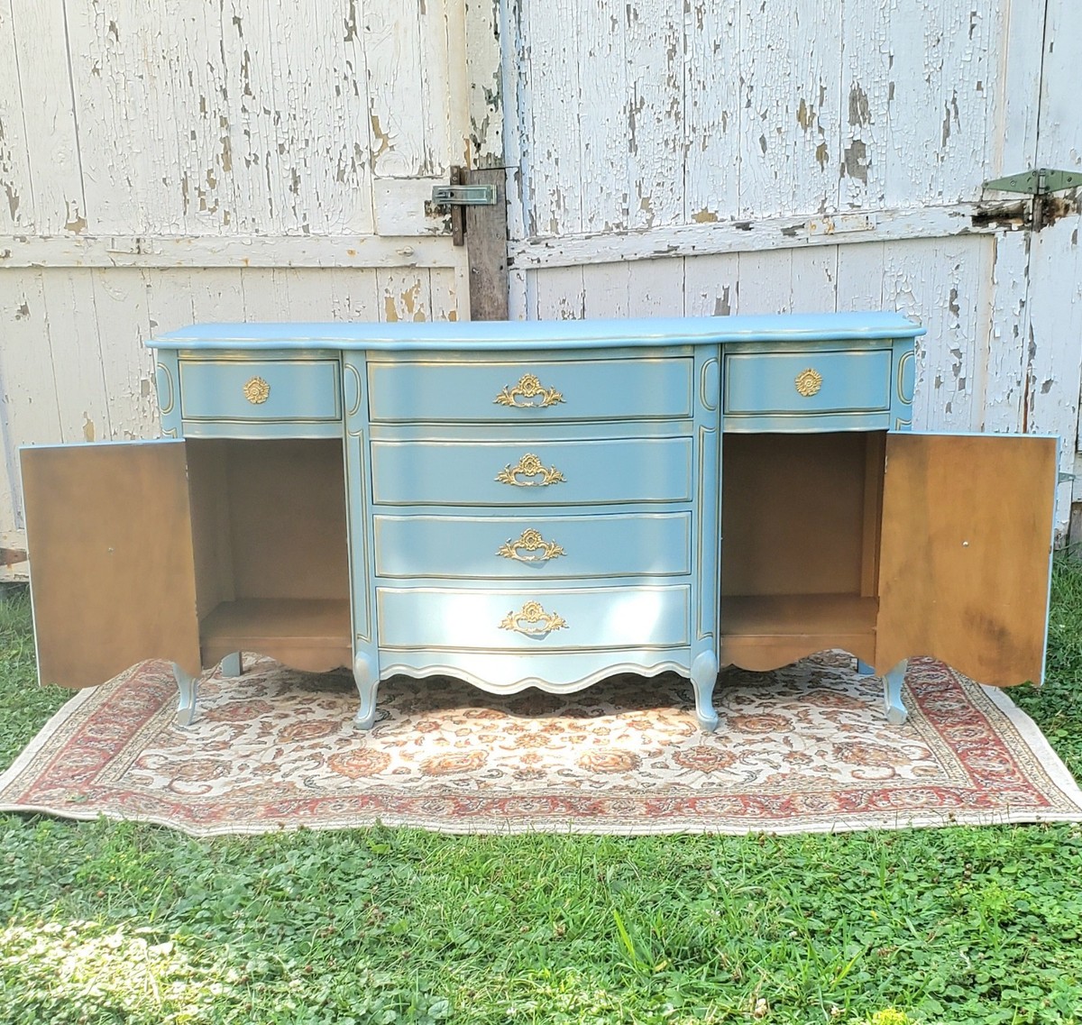 antique blue dresser Swedish 9 Drawer Dresser with Blue Trim – Le Chateau