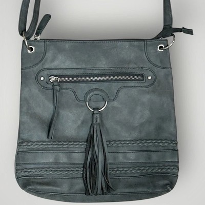 Grey Bohemian Crossbody Shoulder Vinyl  Bag W Fringe Tassels Biker Motorcycle