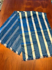 Vintage Silk Scarf 47x16 Blue Ivory Striped Oblong Fringe Retro Neck Wrap