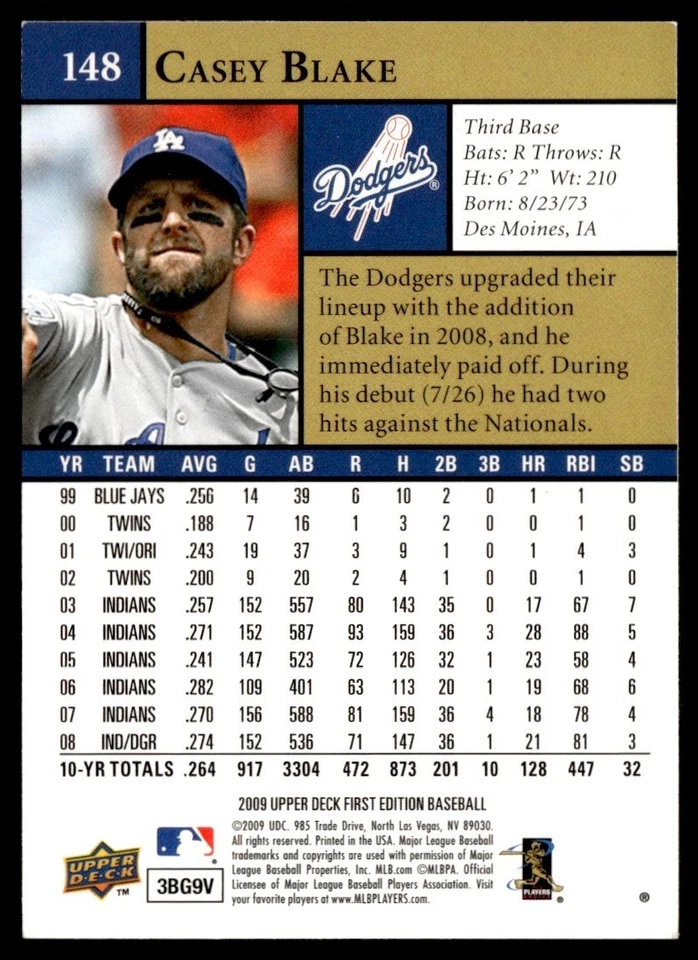 2009 Upper Deck First Edition Casey Blake Los Angeles Dodgers #148 - Image 2 of 2
