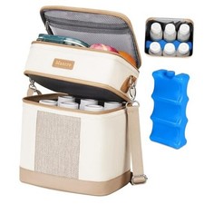 Breastmilk Cooler Bag with Ice Pack, Double Layer Insulated Baby Bottles Beige