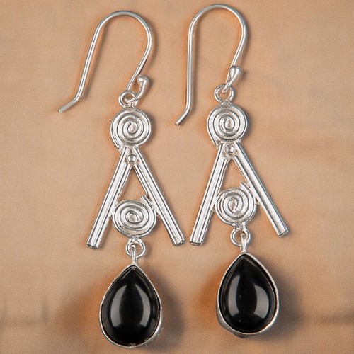 Natural Black Tourmaline Gemstone 925 Sterling Silver Jewelry Dangle Earrings AV - Picture 2 of 10