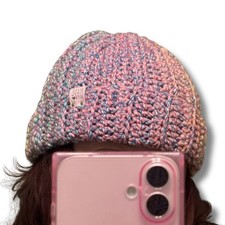 Colorful Crochet Beanie with Faux Leather Tag, Winter Fashion, One Of A Kind
