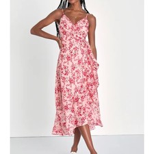 Lulus Sunshine and Sweetness Pink Floral Jaquard Wrap Midi Dress Size S NWT