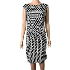 Lauren Ralph Lauren B/W Leaf Pattern Dress Sz 8 Ruched Stretchy Career Date