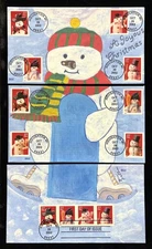INSTALLMENT FDCs (3) BGC HAND-PAINTED CACHET #3676-79 SNOWMAN CHRISTMAS STAMPS