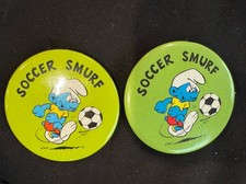 Vintage Green Soccer Smurf Pin 1980 Peyo Made in USA Pinback Button Lot Of 2