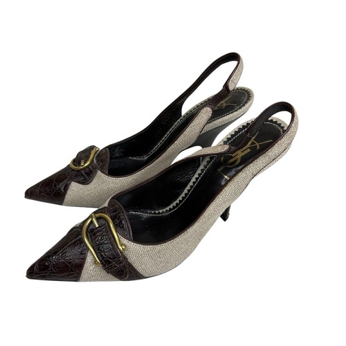 YSL Saint Laurent Buckle Pointed Toe Croc Embossed Trim Slingback Heels Sz 38.5 - Picture 3 of 10