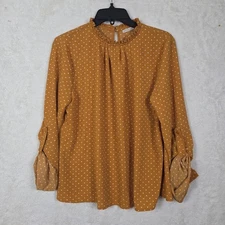 Active USA Top Roll Tab  Long Sleeve Polka Dot Mustard Yellow Careercore Office 