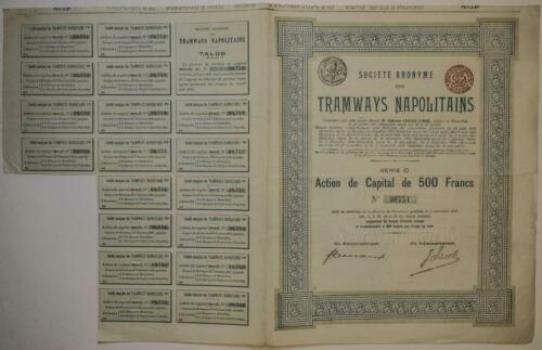 3-1) SOCIETE' ANONYME DES TRAMWAYS NAPOLITAINS ACTION DE CAPITAL DE 500 FRANCS - Picture 1 of 1