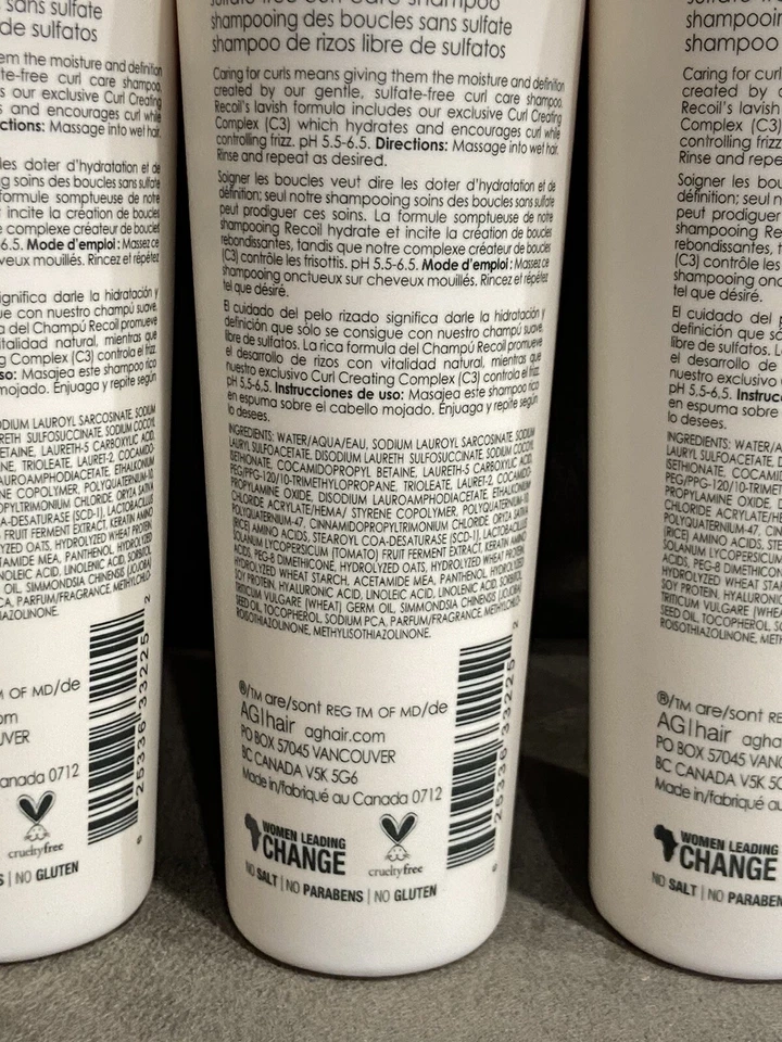 (3) PACK!!! AG RECOIL SULFATE-FREE CURL CARE SHAMPOO - 8 OZ EA - ORIGINAL BOTTLE - Image 4 of 4