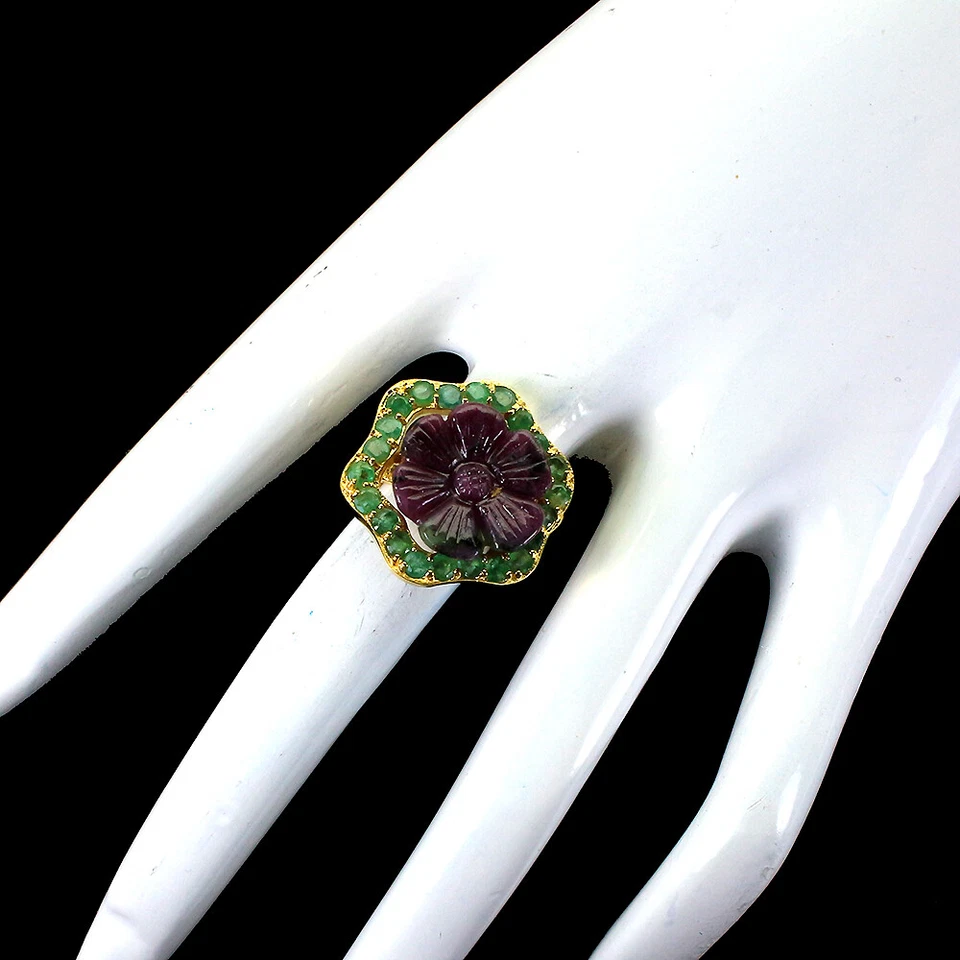 925 Anello Argento Sterling Rubino Zoisite Intaglio Gemma Smeraldo Gioielli Mano - Immagine 3 di 4