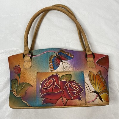 Anna by Anuschka Hand Painted Leather Shoulder Bag Purse Tote Roses  Butterfly