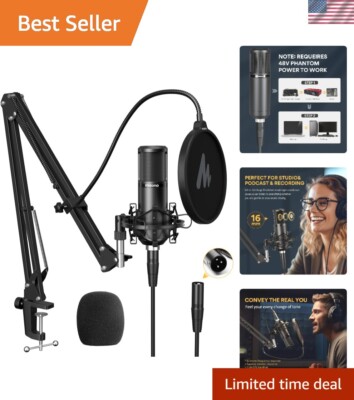 XLR Condenser Microphone, Metal, Cardioid, High-Sensitivity, Streaming, Pro A...