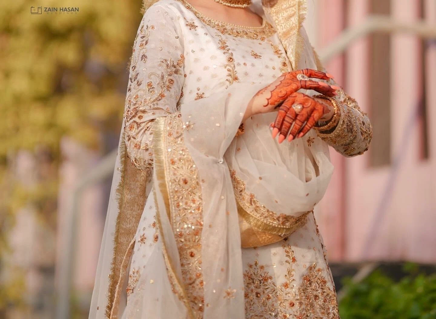 OFF WHITE Abito da sposa tradizionale pakistano indiano asiatico bianco sporco pesante inc gioielli