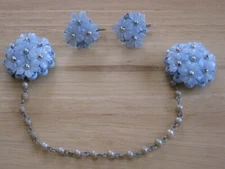 Vintage Cardigan Sweater Dress Clip Blue Flowers Silver Beads w/ Earrings