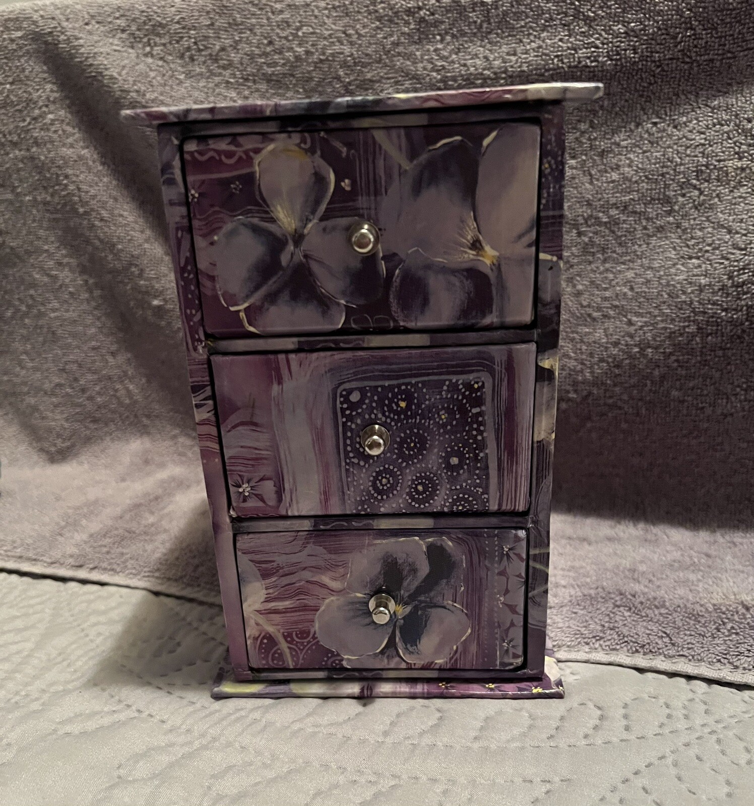 Jewelry Box Decoupage Purple W/Roses Papier Mache 3 Drawer Storage 1990’s-image