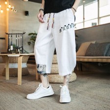 Mens Cotton Linen Capri Pants Summer Ethnic Trousers Pockets Loose Casual Solid