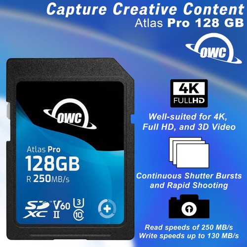 OWC 128GB ATLAS PRO SDXC V60 UHS-II MEMORY CARD - Picture 2 of 5