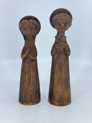 Pair of vintage Hungarian ceramic figurines praying religious fish nuns Catholic