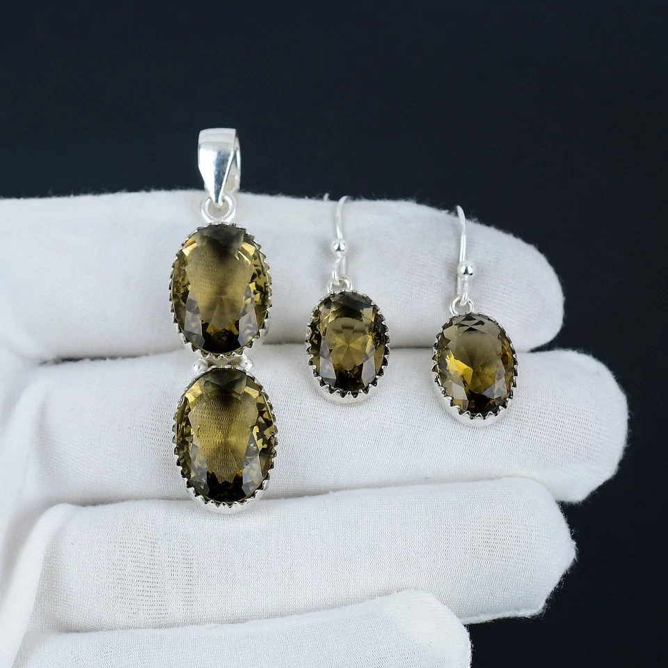 Juego de pendientes y colgantes de plata de ley 925 con piedras preciosas de topacio ahumado para regalos de amor Foto 2 de 4