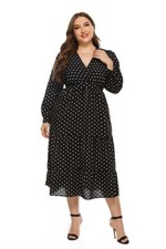 Women's Loose V-neck Casual Long Sleeve Polka Dot Long Dress Plus Size