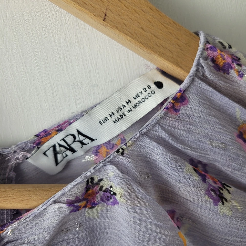 Zara Women Size M Purple Floral Print Sheer Ruched Blouse Top Casual Summer - Image 3 of 4