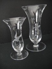 Lot of 2 Vintage Glass Etched Bird Vases