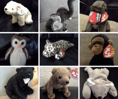 Original Ty Beanie Babies Affen Bären Eule Elefant Koala Gepard Eisbär
