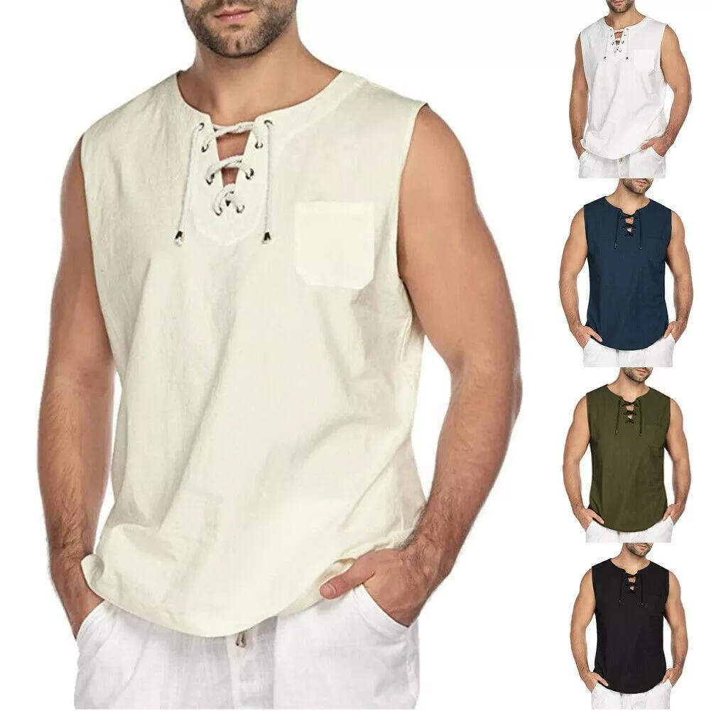 Uomo Cotone Lino T Shirt con Lacci Scollatura Canottiera Maglia eBay