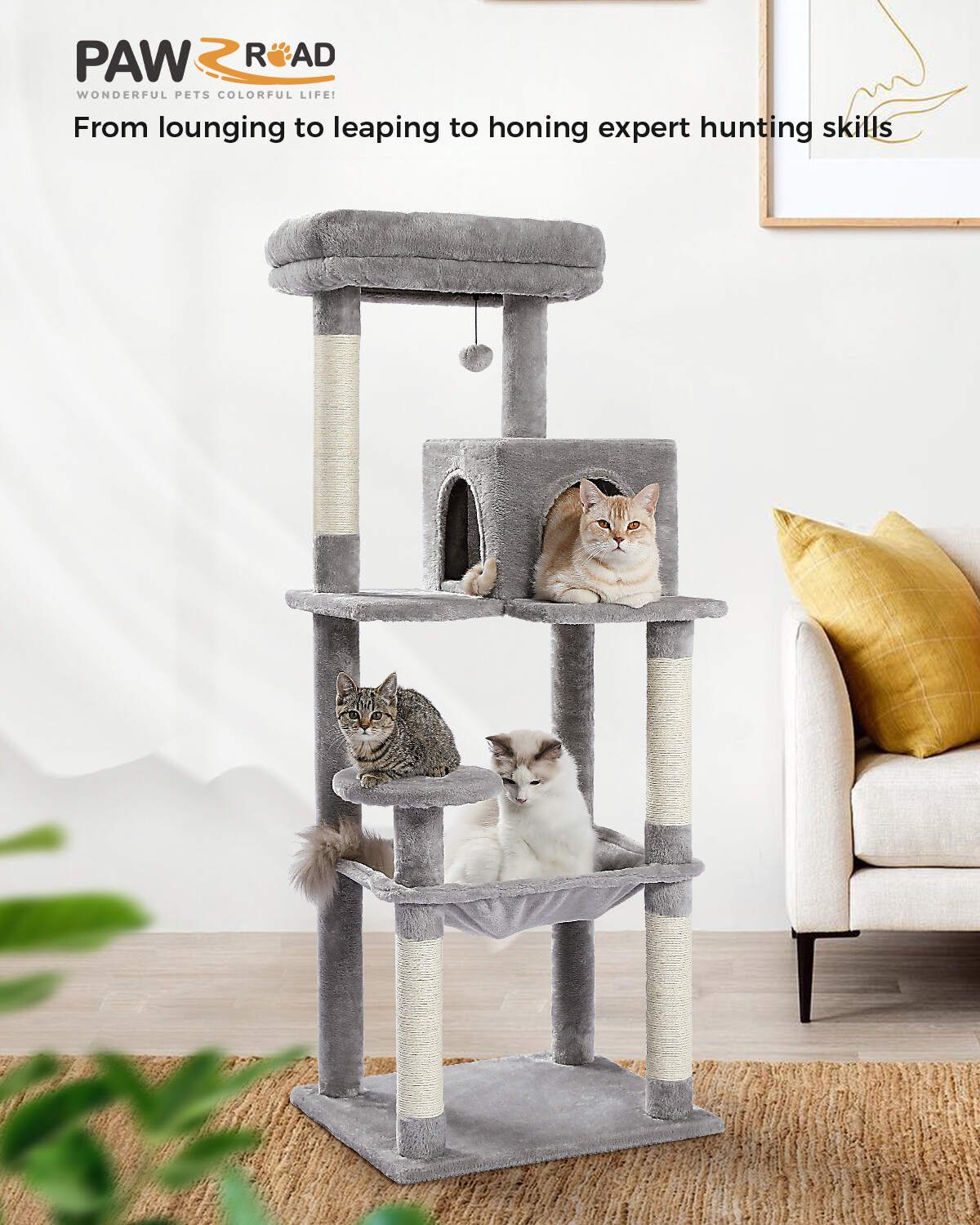 Ecosa XXL Katzenbaum 170cm - Großer Kratzbaum Mit Plattformen, Höhle Und Hängematte Für Schwere Katzen