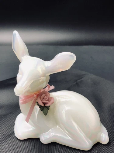 Fenton Glass Pearly Opalescent Sitting Fawn Deer Figurine Pink Rose and Ribbon