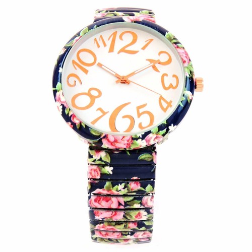 Reloj para mujer con correa elástica de cara grande azul marino con estampado floral y cara grande fácil de leer - Imagen 5 de 6
