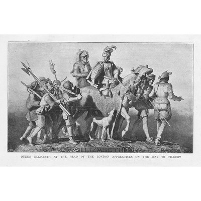 QUEEN ELIZABETH Head of London Apprentices on Way to Tilbury Antique Print 1895