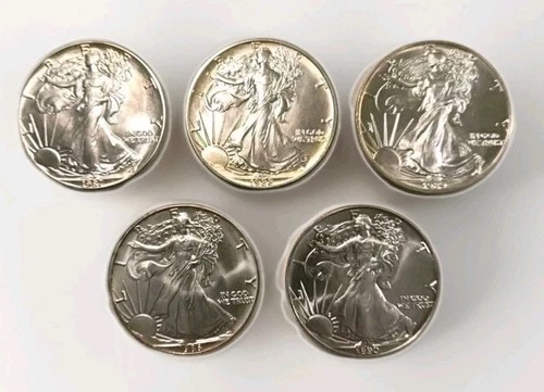 5) 1986 To 1990 American Silver Eagle Lot. All Gem Uncirculated. Very Nice Coins