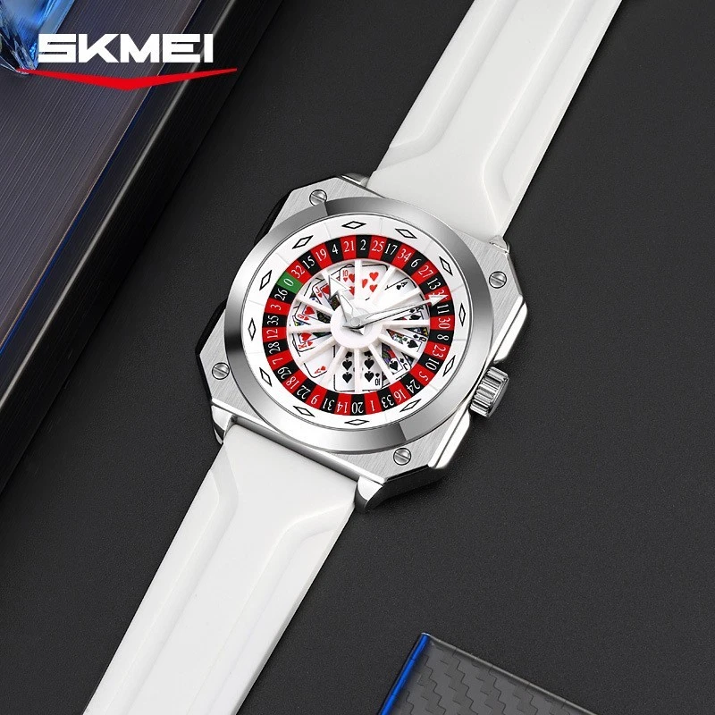 Reloj deportivo informal de cuarzo para hombre esfera de ruleta de póker bisel giratorio banda de silicona Foto 2 de 4