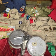 Vintage Boy Scouts of America Uniform Lot 4 Shirts Patches Gear Mess Kits