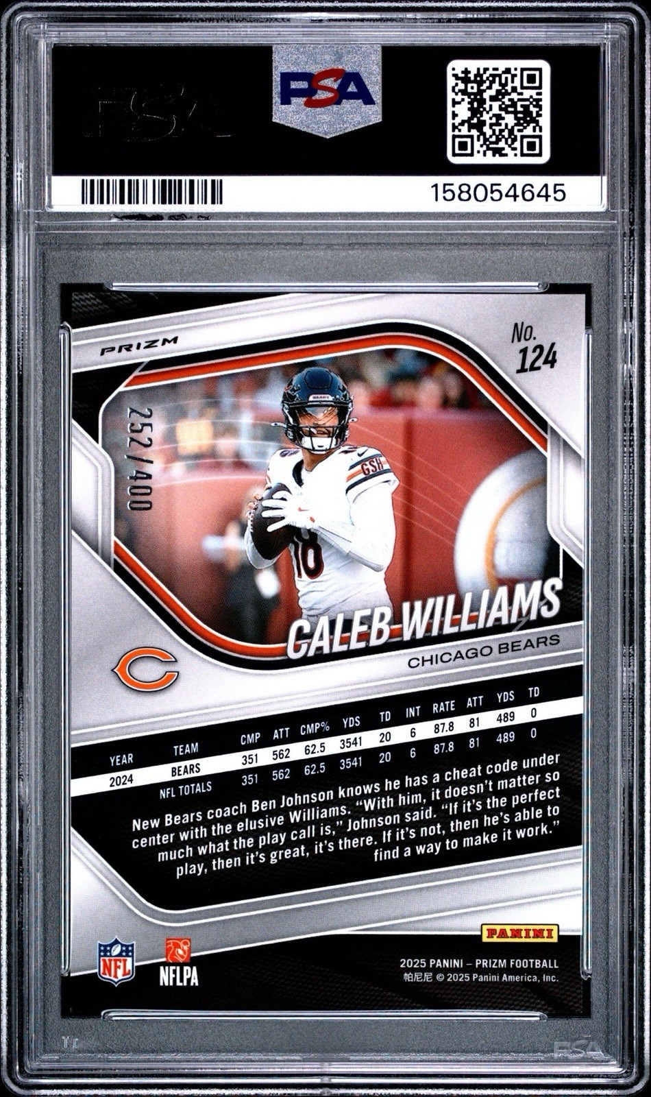 Caleb Williams PSA 10 Pandora 252/400 #124 2025 Panini Prizm Premium Box Set view 2
