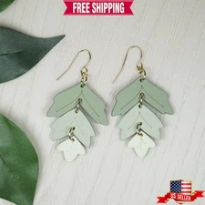 Beautiful Tri-Color Green Leaf Statement Earrings, 18K Gold Ear Wires