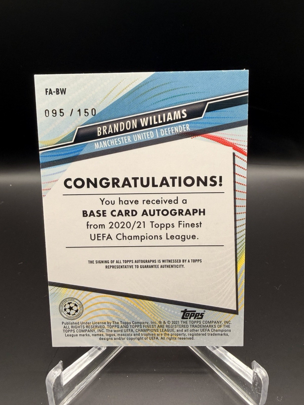 Topps Finest 2020-21 Brandon Williams RC BLUE REFRACTOR /150 AUTO Man United view 2