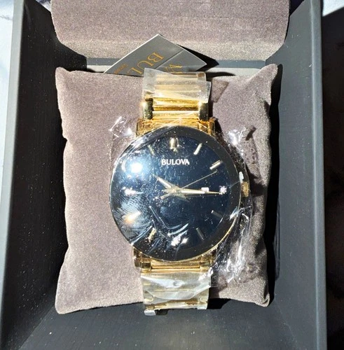 Bulova Bold At Heart Men's 42mm Gold SS Quartz Date Black Dial Watch Box - product listing photo