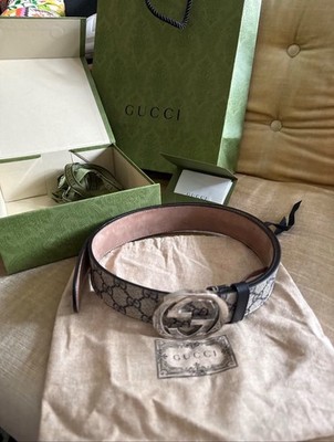 Authentic Beige Gucci GG Supreme Canvas Belt Silver Interlocking G Buckle 95