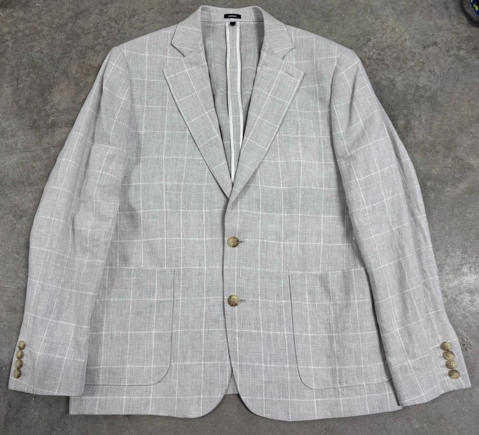 Express 100% Linen Blazer Jacket Mens 42 Gray White Plaid Check Sport Coat Slim - Image 2 of 4