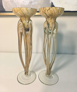 SET Jozefina Krosno Hand Blown Art Glass Candlestick holders 8 3/8" Caramel