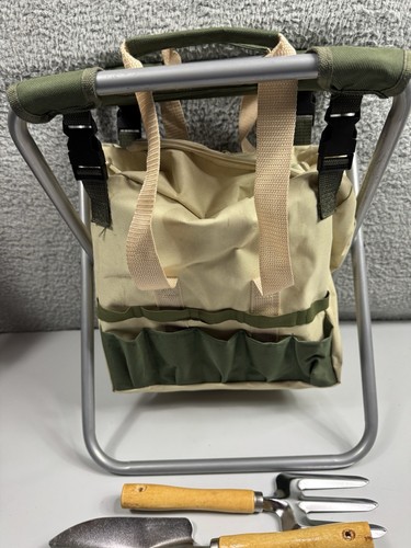 Gardening Stool Padded Canvas Folding w/ 4pc Tool Set & Attached Storage Bag - Picture 3 of 10