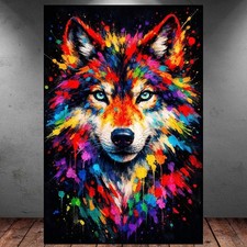 LEINWAND BILD ER XXL ABSTRAKT WOLF BUNT HUND GRAFFITI MODERN WAND POSTER P2101